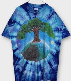 90s だまし絵 タイダイ 地球 太陽 月 巨樹 巨木 宗教 半袖 Tシャツ