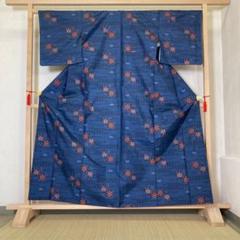 【人気商品！】 k-5766 大島紬 メルカリ - 正絹 麻の葉 横断 花柄 藍 横双 着物・浴衣
