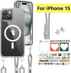 iPhone 15 用 クリアケース ショルダー ストラップ付 グレー