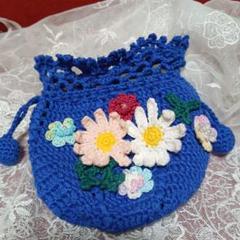 ハンドメイド　カラフル花のミニ巾着　手編雑貨ポーチ