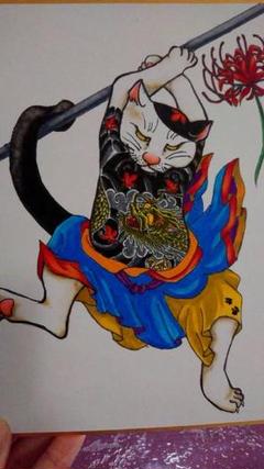 刺青、イラスト 猫二重彫り 手描き