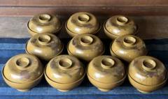 名家蔵出品！全絵違い蒔絵の山吹色の漆器吸物椀10客！骨董品