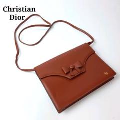 クリスチャンディオール リボン レザー ショルダーバッグ ブラウン ロゴ