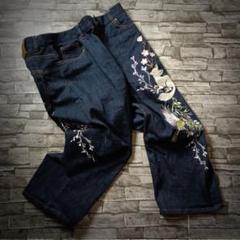 KONーJAKU コンギツネデニム クロップドジーンズ 短丈 刺繍 狐 花 鳥 KONーJAKU コンギツネデニム クロップドジーンズ 短丈 刺繍 狐