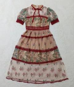 刺繍　ロングワンピース　ティアード　フリル　リボン　シースルー　レース　花柄