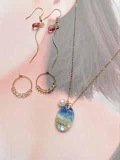S-1 レジンネックレス ピアス アクセサリー3点セット海 貝 シェル 夏