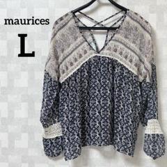 maurices 【L】ネイビーとベージュのチュニック 長袖 透け感あり 柄物