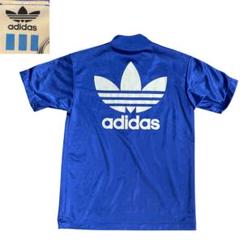 90's adidas DESCENTE製トレフォイルロゴ青サッカーシャツM相当