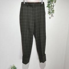 【オンワード樫山】チェック柄カジュアルパンツ　グレンチェック カーキ　ウール混