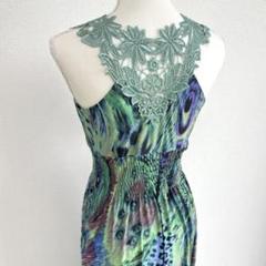 【美品】フラダンス衣装　Ocean Blue Bird ワンピース 孔雀