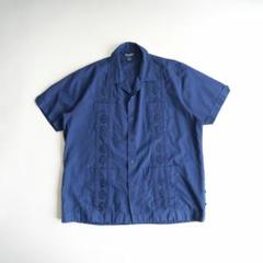 90s 刺繍デザイン　半袖開襟キューバシャツ　紺　XLボックスシルエット古着