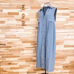 【ザラ】プリーツ切り替えロング ノースリーブ シャツ ワンピース Vネック S青