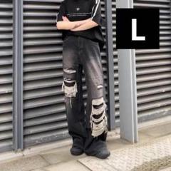 クラッシュダメージ ワイド デニムパンツ PCTOKYO 地底人 ブラック　L