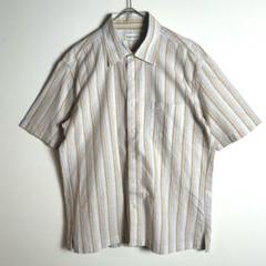 ランバン　LANVIN リネン混　半袖シャツ　ストライプ　ベージュ　ライトブルー