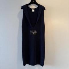 CHANEL シャネルロゴラベルカシミヤノースリーブニットワンピース 42 CHANEL シャネルロゴラベルカシミヤノースリーブニット