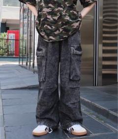ダークグレー デニムカーゴパンツ ウォッシュド加工
