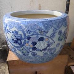 骨董　特大　火鉢　丸紋　扇面　花尽し　鉢カバー　テーブル　睡蓮鉢　金魚　メダカ 骨董特大火鉢丸紋扇面花尽し鉢カバーテーブル睡蓮鉢金魚メダカ