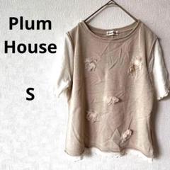 プラムハウス 半袖Tシャツ ベージュ フラワー装飾　トップス　夏ニット　S-M