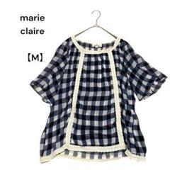 マリクレール✨シアー半袖ブラウス　ふちレース　ブルー　透け感　ギンガムチェック