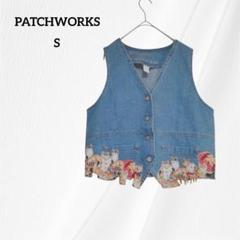 PATCHWORKS　猫柄　デニム　ベスト　S　ブルー　レディース