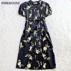 美品◎Pピンクハウス マキシ丈ワンピース 花柄 Aライン ピコフリル 紺 F