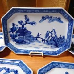 古伊万里 八角絵皿 [山水風景図] 玩 銘あり 染付 年代物 八角皿