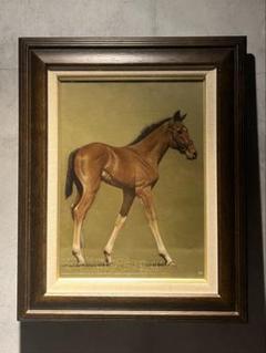 馬三頭の油彩画 金色フレーム付き