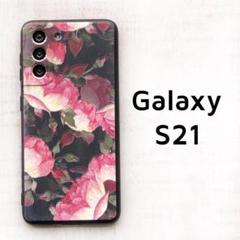 Galaxy S21 5G 黒 ピンク 花 カバー