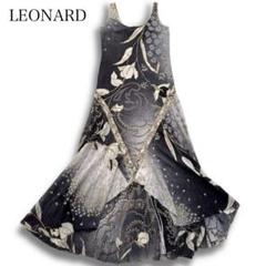 LEONARD シルク100 風景画 ワンピース マキシ丈 ノースリーブ グレー