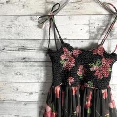 Y2K　花柄シャーリングキャミミニワンピース　黒　平成ギャル　アーカイブ　00s