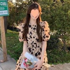 ワンピース L ベージュ レディース 半袖 カジュアル 花柄 ミモレ丈