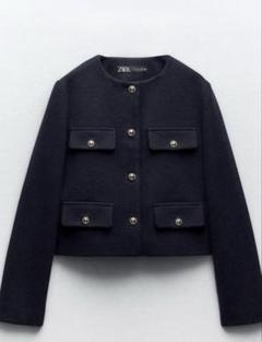 ZARA フラップ クロップド ジャケット ネイビー ツイード 金