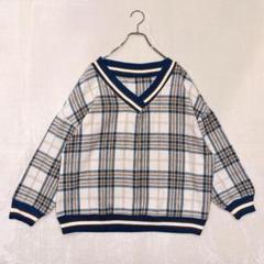 美品　カマン　長袖トップス　チェック　ドロップショルダー　Vネック　カジュアル