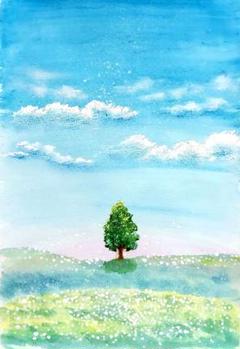 優しい空 風景画 水彩画 木と草原 原画 A4サイズフレーム入り
