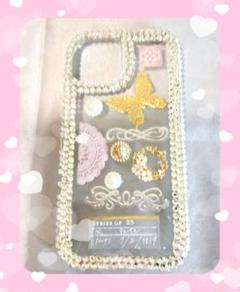 iPhone15ケース　透明　ラインストーン　バタフライ