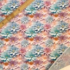 D50　3D立体プリント生地 花柄 水色紫の花 ポリコットン ハギレ 輸入生地