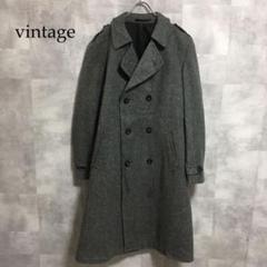 vintage グレー デザイン ウール ロングダブルチェスターコートベルト付