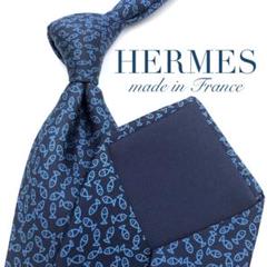 【美品】HERMES ネクタイ 魚柄 アニマル柄 デフォルメ 総柄 ネイビー