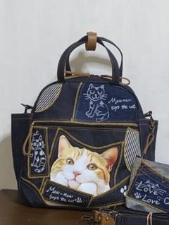 ☆岡山デニム☆特大ワッペン☆招きネコ☆リュック対応☆4wayボストンバッグ ☆岡山デニム☆悪ネコ☆トラ猫☆両面リュック対応☆4wayあおり