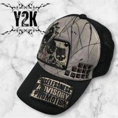 リメイク キャップ サイバー スカル ドクロ Y2K グランジ お兄系 y2k メッシュキャップ ドクロ 十字架 スタッズ 平成 グランジ