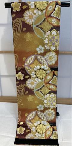 【袋帯】七宝繋ぎ模様　花菱 金彩 黒地 礼装用 成人式 振袖　正絹　アンティーク 6-4-01428a.jpg