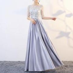 リーフ柄がオシャレな5分袖のサテンンスカート ロングドレス