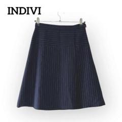 INDIVI ストライプ 台形　ひざ丈フレアスカート【M】オフィス フォーマル