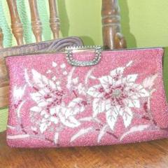 １点物　ヴィンテージ 昭和レトロ ビーズ刺繍 バッグ 希少 ピンク　花