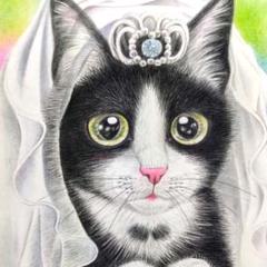 新郎新婦 」 ハチワレ 猫イラスト 色鉛筆画 - メルカリ