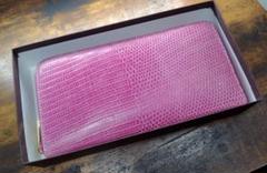 貴重 リザード ピンク 長財布 ゴールド ファスナー ウォレット トカゲ