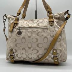 【良品】COACH 2way シグネチャー トートバッグ ベージュ 金具