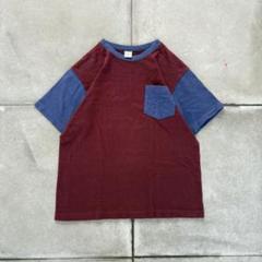 WAREHOUSE 無地　ポケット　Tシャツ　ワインレッド　古着　短丈