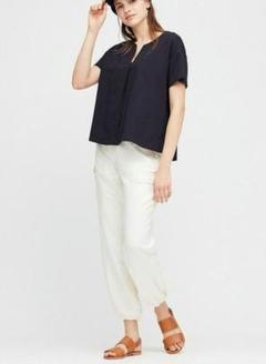 ユニクロ UNIQLO マーセライズ キーネック コットンt ネイビー