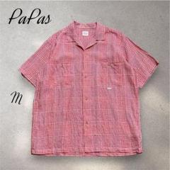 Papas リネン シャツ M ピンク オープンカラー 半袖 PaPas パパス リネンオープンカラーチェックシャツ 開襟シャツ M